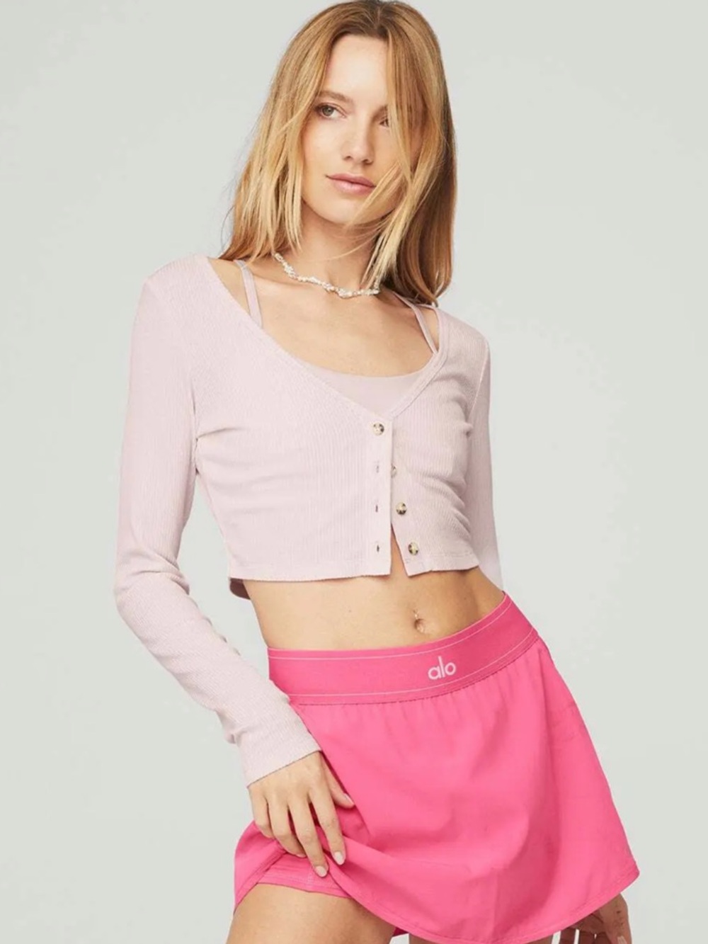 ALO YOGA Pink Sugar Ribbed Cropped Whisper Cardigan Top